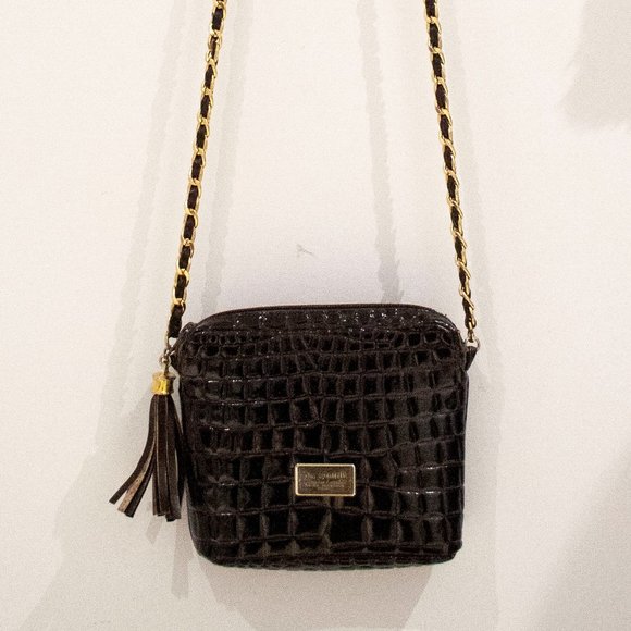 DUE FRATELLI - Black Glossy Croc Embossed Leather Shoulder Bag Purse - Picture 2 of 5